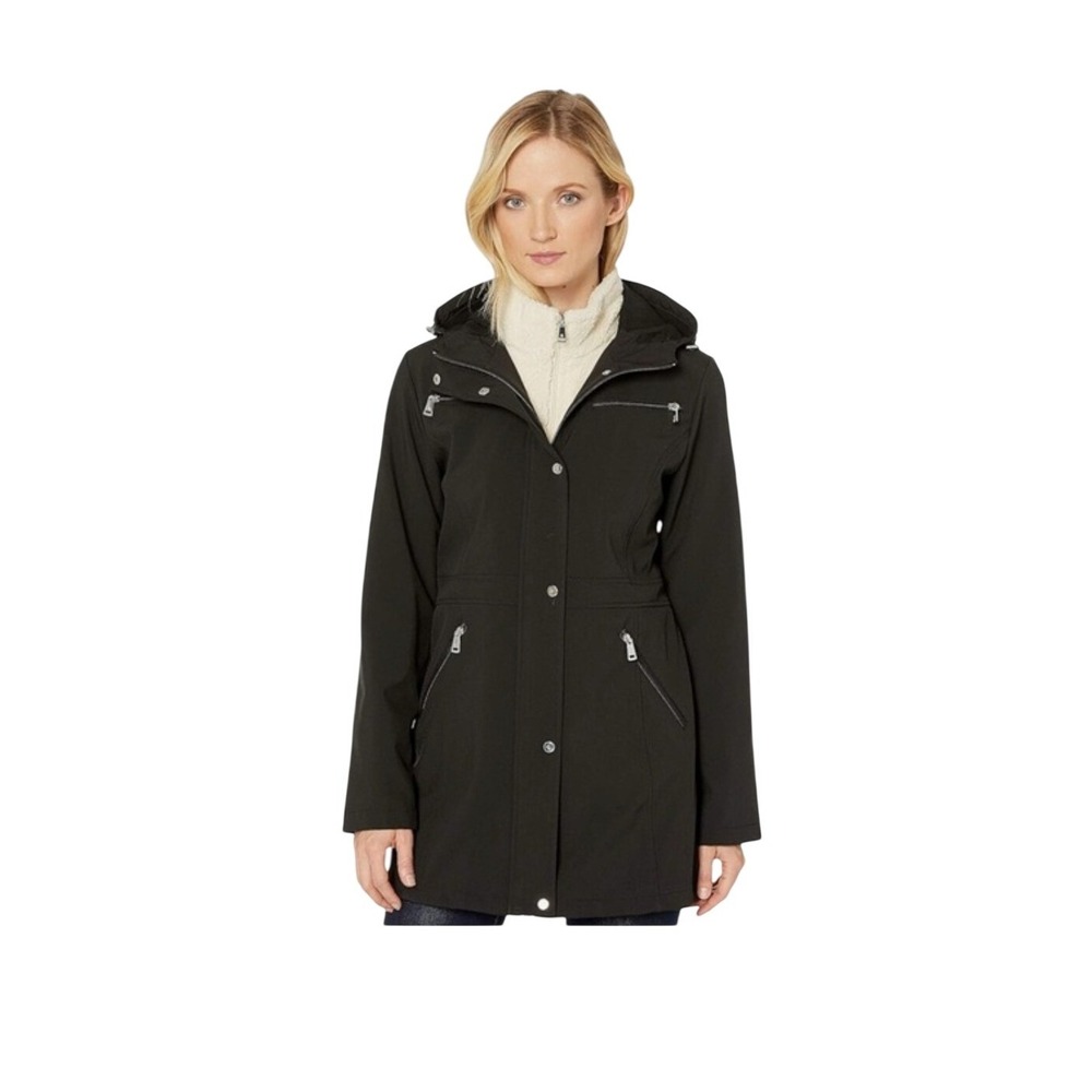 Lauren Ralph Lauren‎ Black Softshell Hooded Jacket Faux Shearling Bib Large EUC
